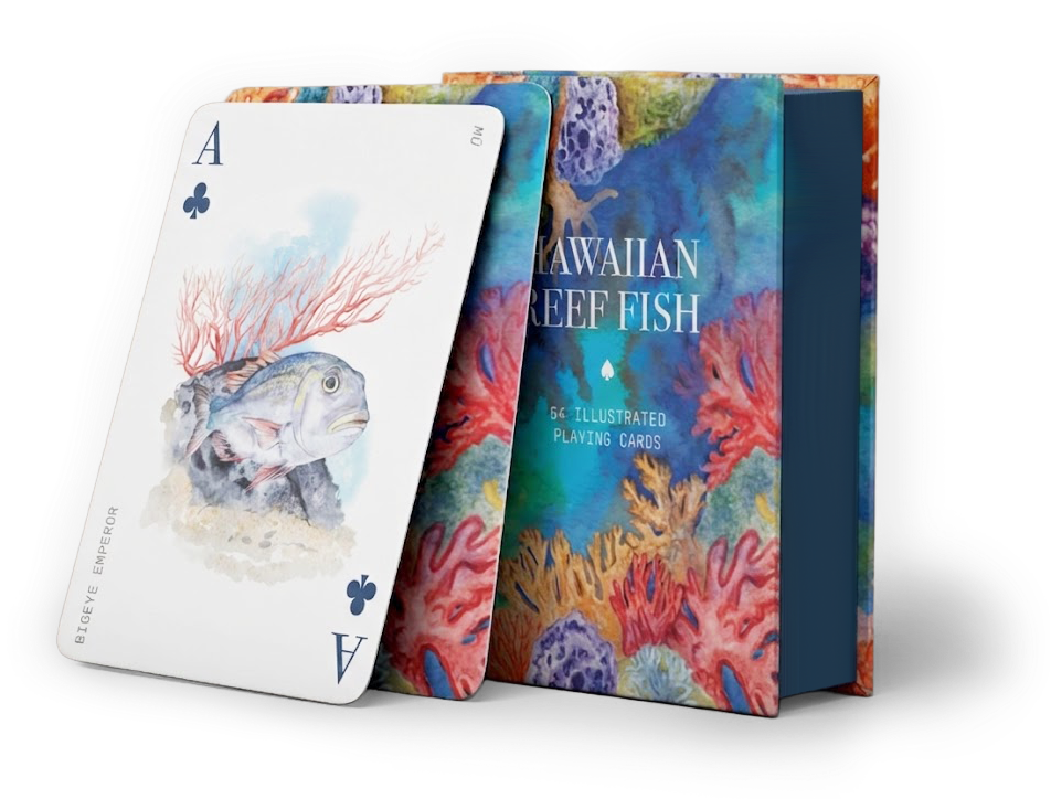 Playing cards with a fish design on one card and colorful coral reef illustration on the deck cover.