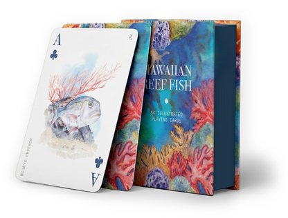 Playing cards with a fish design on one card and colorful coral reef illustration on the deck cover.
